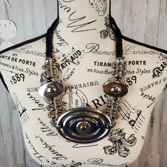 Chunky Metal Disc Link Necklace Silver Black - Picture 6 of 10